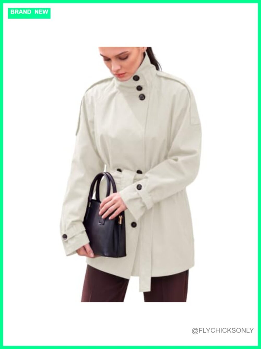 Women Double Breasted Windbreaker High Neck Button Down Jacket